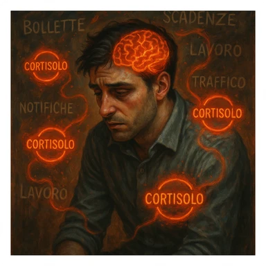 semi-realistic, symbolic surrealism; man around 30 years old, visible chronic stress (tired eyes, tense, curved), floating symbols 'Cortisolo' in Italian, orange-red aura; chaotic and blurred background with Italian words: 'bollette', 'scadenze', 'lavoro', 'traffico', 'notifiche'; visible brain with red-orange neural activity, stressed expression, moody lighting sticker