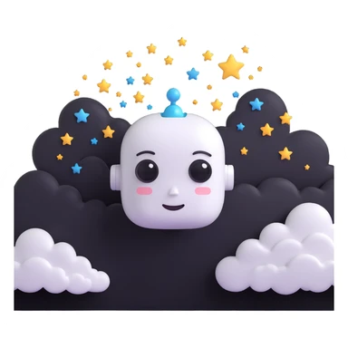 minimalist 3D cartoon-style icon of a peaceful, dreaming robot head with eyes closed, gentle smile, soft features, stylized clouds and stars around the head, simple clean lines sticker