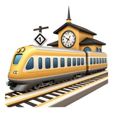 A 3D cartoon train terminal with tracks, platform signs, and an arriving train, Memoji-style realism. sticker