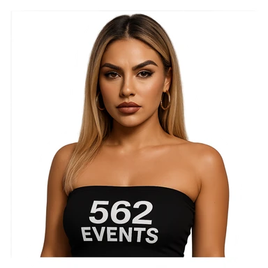 realistic baddie with blonde hair, wearing a black tube top with '562 Events' written on it sticker