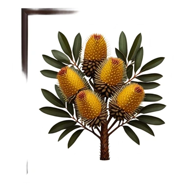 Cinematic Realistic Banksia Emoji, Bold and striking, with spiky, cylindrical flower heads covered in rich golden hues. The leaves are thick and leathery, adding a sense of strength to this unique and iconic tree. Soft glowing outline, capturing the essence of Australian ruggedness and floral beauty in a distinctive banksia tree! sticker