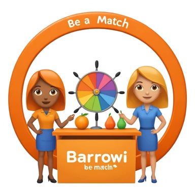 emoji of a recruitment booth. Two cartoon figures stand behind an orange table with 'MARROW, be a match' branding, a colorful spinning wheel, and a branded vertical banner. Simplified and cute sticker