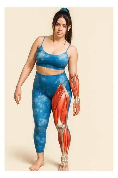 Create a realistic anatomical illustration inspired by the reference photo of the woman in the same pose. Highlight the right leg (her right, on the left side of the image) as the weight-bearing leg, with a color overlay to emphasize muscles and bones. The rest of the body should remain realistic. Emphasize the anatomical structures of the right leg clearly with a realistic style. sticker