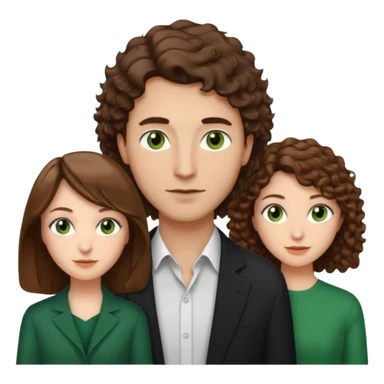 Man in the middle with brown straight hair and green eyes, women next to him with short brown hair with slight waves, tall women on right side with shoulder length curly hair and brown eyes sticker