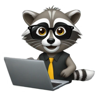 racoon wearing glasses working on a black laptop sticker