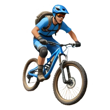 A thrilling downhill mountain biking scene! A rider in full gear speeds down a steep rocky trail, kicking up dust. The rugged mountain landscape surrounds them, with towering peaks, evergreen trees, and a bright blue sky. The rush of adventure is in the air. Transparent background. sticker
