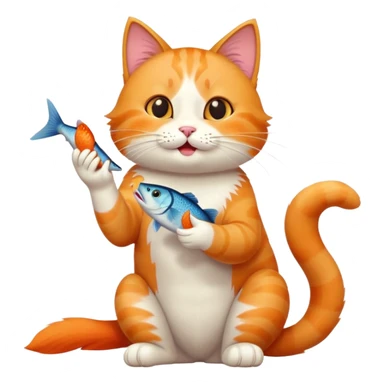 cat full body sitting eating a fish playful expression sticker