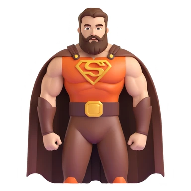 muscular superhero in brown and auburn costume, beard-shaped logo, comb-shaped belt, magnificent beard sticker