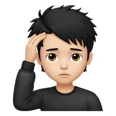 a PRETTY BRATZ boy with black messy hair, one hand on head. looking sad sticker
