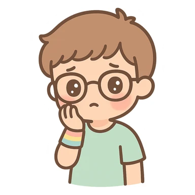 anime boy with glasses, rainbow wristband, shy expression, soft lighting, warm atmosphere sticker