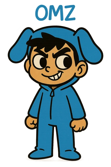 Extract only the blue character (OMZ) from the group in the original style and quality. Give the character a mischievous expression. sticker