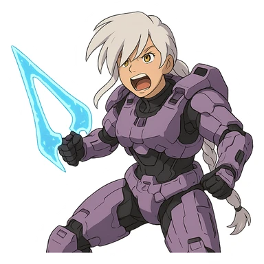 female, wearing reach spartan armor default, long white braid hair with massive messy front side single bangs, gold yellow eyes, attention pose, HALO:series, no helmet, the armor is lavender color scheme, shoulder pad off. DDD bust size fitting. Punk gothic cyberpunk, brandishing a covenant energy sword, preparing to swing and yelling sticker