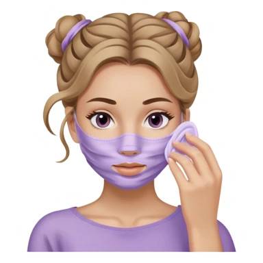caucasian girl with long wavy dark blonde hair in messy bun applying lilac skincare mask covering face sticker