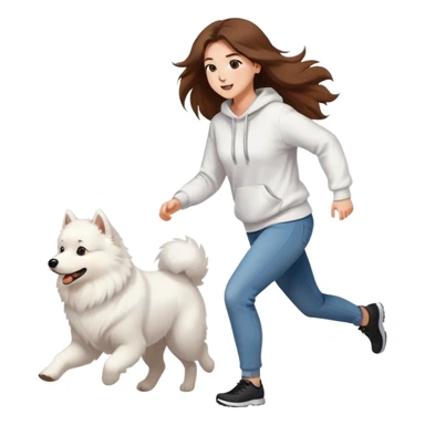 A beautiful girl with long hair wearing a white sweatshirt and jeans is running with a Samoyed sticker