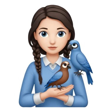 женщина с одной темно-коричневой косой серо-голубыми глазами и светлой кожей держит на руке трех птиц коричневого цвета sticker