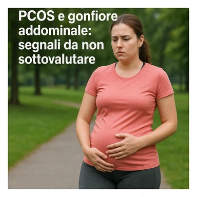 Donna in abbigliamento sportivo, cammina all’aperto con passo lento, una mano sulla pancia gonfia, espressione seria, testo in italiano: 'PCOS e gonfiore addominale: segnali da non sottovalutare', sfondo parco, qualità 4K sticker
