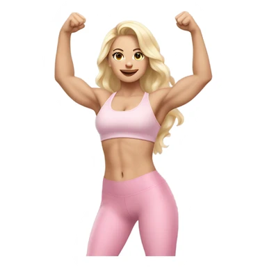 Woman, white skin, pale skin, long hair, blonde hair, wavy hair, baby pink sports bra, baby pink leggings, flexing one arm up sticker