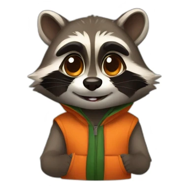 a small brown raccoon with orange eyes with a dark green hood that laugh sticker