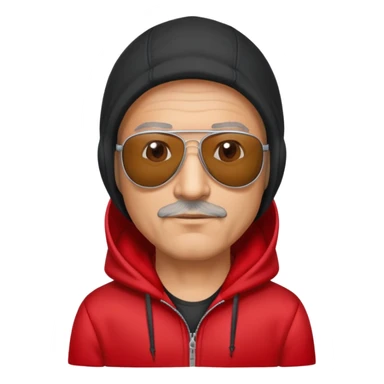 50-year-old man with slight stubble on upper lip, black aviator sunglasses, wearing a red hoodie with hood up sticker