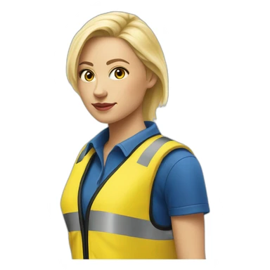Ikea coworker blond woman blue stripes t-shirt and yellow security vest sticker