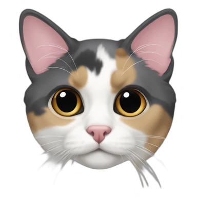 older diluted calico, white chin, black and pink nose, mostly dark grey with whiteish beige forehead sticker