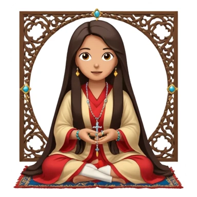 An woman sits on a Persian rug with a rosary, a large ring, a long hair, but she is beautiful and modern, wearing a robe, and looks at the camera with amazement. sticker