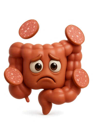emoji stile iphone in 3d di un intestino triste con fette di carne che gli fluttuano intorno, gli occhi falli con la parte bianca pure, iperrealistico 4k sticker