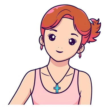 Auburn ginger haired girl with eyelashes wearing a cross necklace and a light coral pink tank top sticker