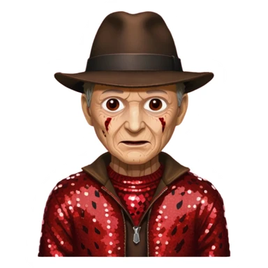 Freddy Krueger with tan burned skin, red sequin sweater, dark brown sequin jacket and hat sticker