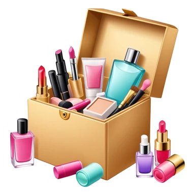 an opened box with various beauty items spilling out, including makeup, skincare, and perfume sticker