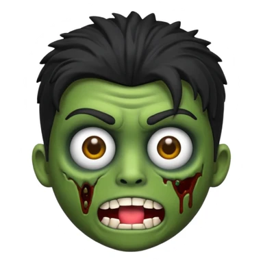 Quero um emoji de zumbi masculino, com cabelo preto, estilo desenho 3D como emoji, na mesma pose com as mãos levantadas para frente, expressão de zumbi com boca aberta e olhos meio caídos, pele verde acinzentada e roupa rasgada sticker