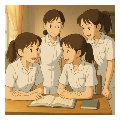 Ghibli scene of four nursing students (based on references), interacting indoors, wearing white short-sleeve uniforms with V-neck, left chest pocket, bare forearms, long hair tied back, no stethoscopes or collar stand. Medical tunic style, collaborative atmosphere. sticker