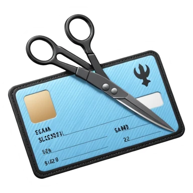 Floating black Scissors cutting a light blue military ID card in 2 parts .hyper realistic sticker