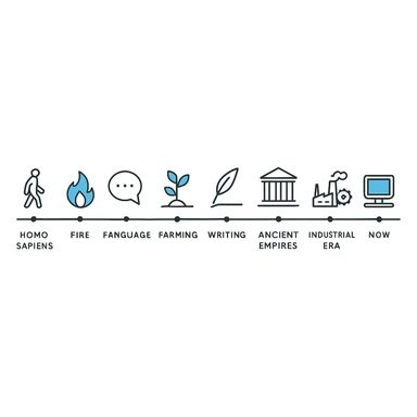 Horizontal minimalist timeline infographic of human history from Homo sapiens to now, with milestones: early humans, fire, language, farming, cities, writing, ancient empires, industrial era, space age, computers. Flat icons with blue accent, modern sans-serif font, lots of white space, clean and minimalist style. sticker