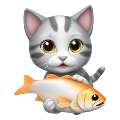 Cute kitten white and grey eat fish sticker