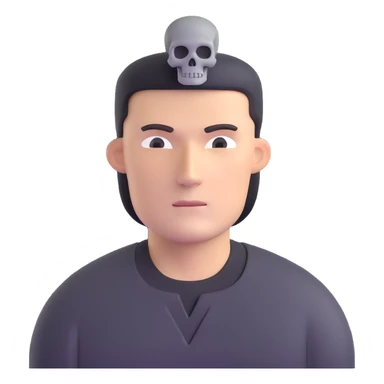 man with oval-shaped flat-top head wearing a black shirt with a gray skull on the front sticker