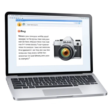Create an emoji representing blogging. The design should feature an open laptop or tablet with a visible blog post on the screen, showing text. Add a photo or video camera to emphasize multimedia content. Do not include any emojis or smiley faces. Make the background transparent. sticker