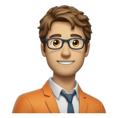 a guy with brown hair, square glasses, in an orange repairman's suit, blue eyes, stretches out his hand to the left sticker