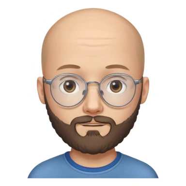 молодой парень 18 лет, лысый, с густой бородой и очень тонкими очками. У него серые глаза, и он выглядит как ребенок, несмотря на свой возраст. sticker