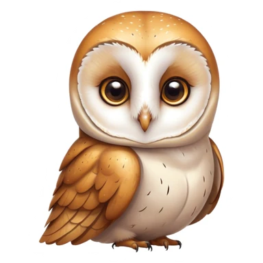 Cinematic Cute Barn Owl Portrait Emoji, Head tilted playfully and inquisitively, featuring a softly mottled Fur of white and brown with delicate feather patterns, round, sparkling amber eyes filled with curious wonder, Simplified yet irresistibly adorable features, highly detailed, glowing with a warm, friendly glow, high shine, affectionate and gentle, stylized with a touch of barnyard whimsy, bright and endearing, soft glowing outline, capturing the essence of a mischievous yet loving owl, so playful it feels like it could swoop out of the screen and into your arms! sticker
