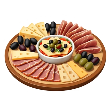A 3D cartoon platter of assorted deli items like sliced meats, cheese, and olives, colorful and appetizing, Memoji-style. sticker