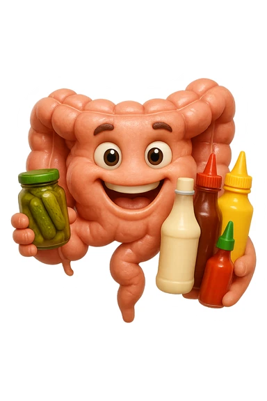 emoji stile iphone di intestino umano con espressione felice mentre tiene in mano cetriolini sottaceto, maionese, salsa barbecue, salsa, senape realistica
IPERREALISTICO 4K sticker