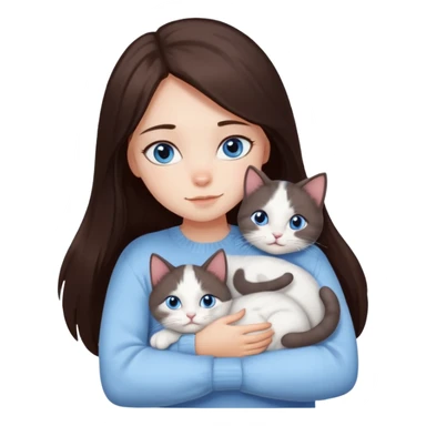 a girl with long dark 
brown hair, with blue eyes, in a
white sweater, hugs 3 different natural coloured cats sticker