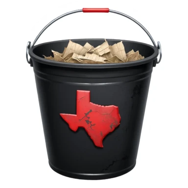 black bucket no handles, shredded paper inside, red texas on front sticker