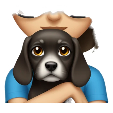 bob haired Brunette with glasses and blue eyes Girl with small gray dog. Girl has blue eyes sticker