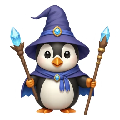 cute penguin holding a staff, wearing a wizard cloak and hat, emoji style sticker