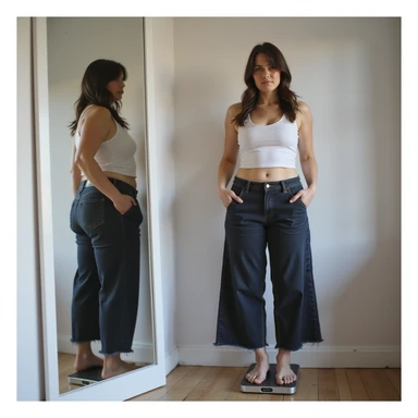 adult woman, photorealistic, yo-yo diet, standing in front of mirror, holding pants of two different sizes, uncertain expression, scale on floor, natural light, bedroom background sticker