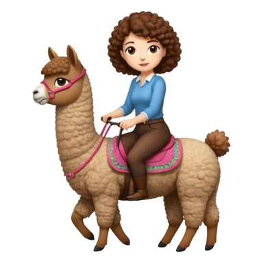 cute woman short tight curly brown hair riding an alpaca sticker