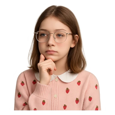 teen girl with clear glasses, shoulder length light brown hair, cute core style, looking thoughtful, no smile sticker