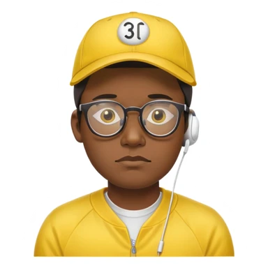 "- Nam
- 30 tuổi
- Da đen
- Đội mũ lưỡi trai vàng
- Đeo kính, airpod
- Mặt buồn
" sticker